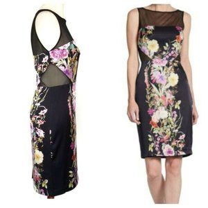 Badgley Mischka Floral Sheer Panel Silk Dress LBD